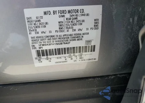 2022 Ford Explorer Limited из США, поврежденный, VIN 1FMSK8FH1NGB78427